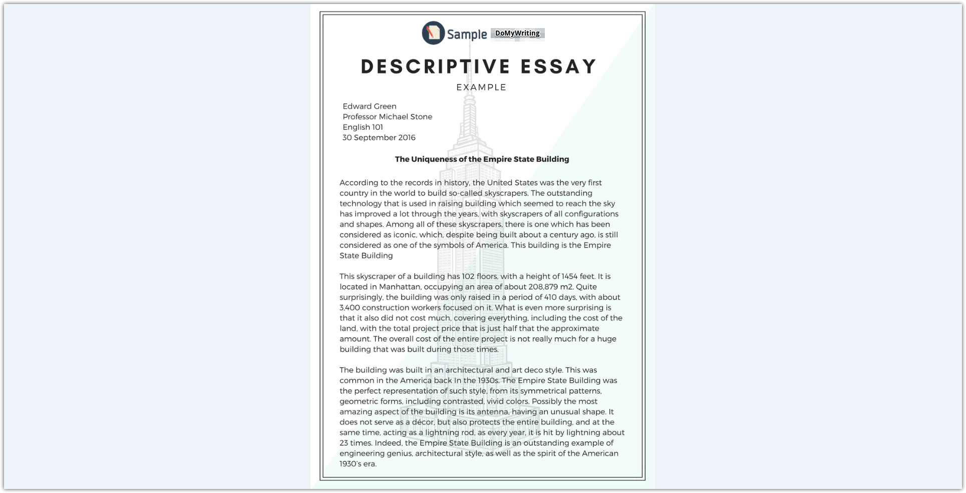 Descriptive essays sample