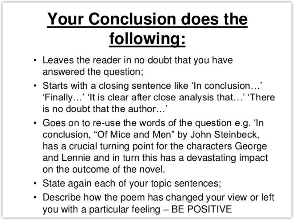 Jul 07, · How to Write a Strong Conclusion for Your Essay Echo.Paraphrase the introduction to bring a full-circle to readers.Prediction.Try looking to the future for emphasizing the importance of your essay Step-up.You might want to amplify the main point of an essay or put it in a different.